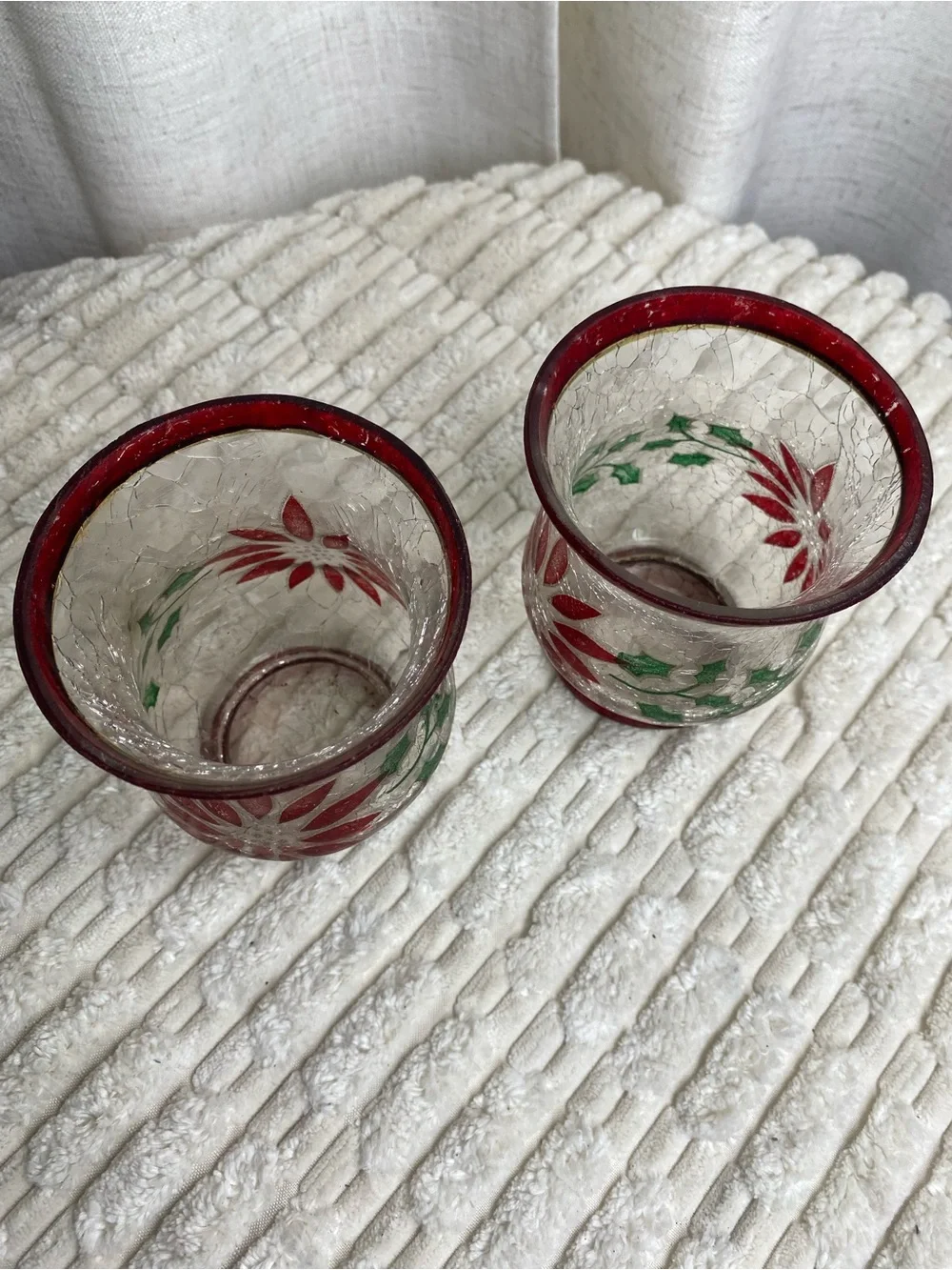 Vtg Crackle Glass Christmas Votive Candle Holders Red Poinsettia Pair 4